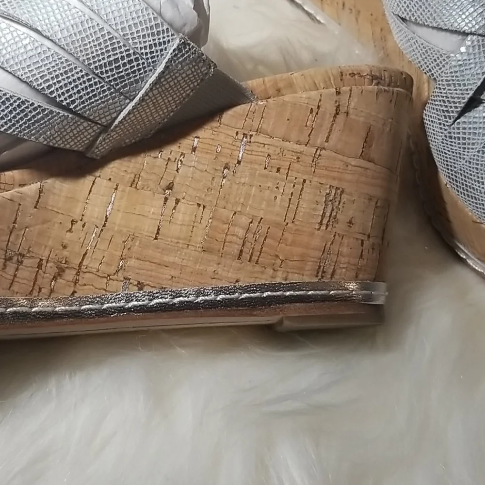 Donald J. Pliner Silver Leather Cork Wedge Sandals